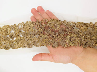 Grey Net Fabric Lace Trim with Floral Embroidery, Lace Trim, Sari Border